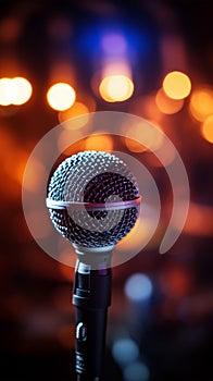 Musical ambiance microphones close up silhouette amid out of focus stage lights