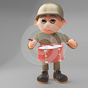 Musical army soldier playing the marching drum, 3d illustration