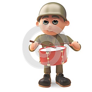 Musical army soldier plays the drums, 3d illustration