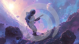 Musical Astronaut Playing Electric Rock Guitar in Outer Space