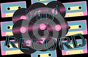 Musical audio is an old vintage retro hipster antique vinyl record and an inscription vinyl record on the background of the 60`s photo