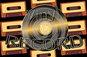 Musical audio is an old vintage retro hipster antique vinyl record and an inscription vinyl record on the background of the 60`s photo