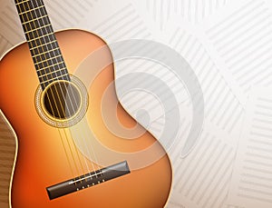 musical background with acoustic brown guitar and blank note sheets of paper. illustration