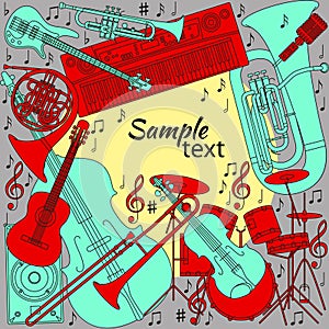 Musical background with different musical instruments, treble clef and notes. Red, yellow, turquoise and gray colors. Set of line