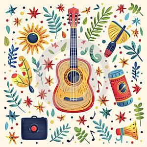 Musical background with guitar and other musical instruments.