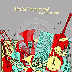 Musical background made of different musical instruments, treble clef and notes. Red, yellow, turquoise and gray colors. Set of li