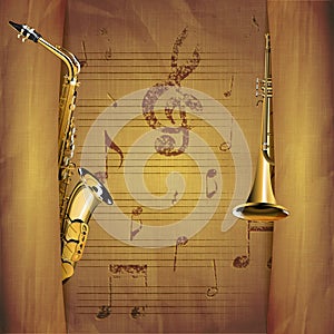 Musical Background saxophone and trumpet old musical sheets