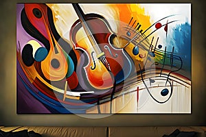 Musical background with violins and notes on the wall. Vector illustration