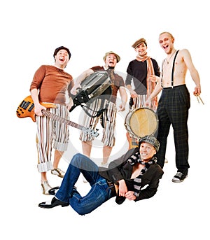 Musical band with their instruments on white