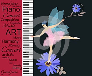 Musical banner. Abstract text on red background, piano keyboards and little winged fairy-ballerina in pink tutu on blue daisy.