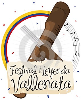 Musical Button with Scroll and Guacharaca for Vallenato Legend Festival, Vector Illustration
