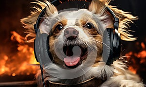 Musical Canine Happy Dog Listening to Tunes with Headphones