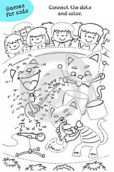 Musical cat show. Activity coloring page for kids. Educational game. Connect dots from 1 to 50.