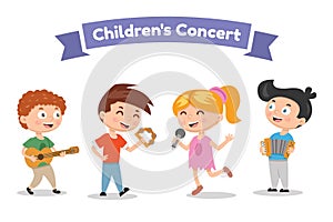 Musical children band on a white background. Singer and musicians. Vector illustration in cartoon style