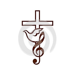 Musical Christian logo. Cross, dove and treble clef