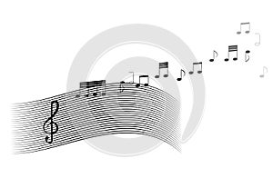 Musical clef, notes and wavy lines in black on a white background.