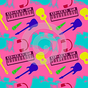 Musical colors silhouettes of musical instruments seamless pattern of orchestra harp vector illustration