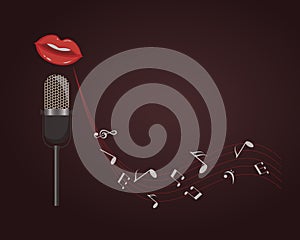 Musical concept for creating invitation, poster, banner. Singing lips. Vector illustration on a brown gradient