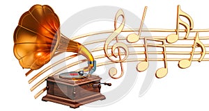 Musical concept. Gramophone with music notes, 3d rendering