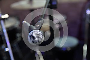 Musical Concept. recording, selective focus microphone in radio studio, selective focus microphone and blur musical equipment