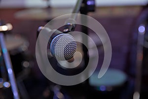 Musical Concept. recording, selective focus microphone in radio studio, selective focus microphone and blur musical equipment