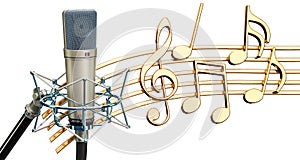 Musical concept. Studio microphone with music notes, 3d rendering