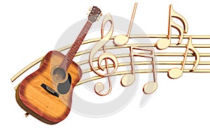 Musical concept. Wooden guitar with music notes, 3d rendering
