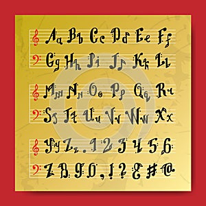 Musical decorative education music notes alphabet font hand mark calligraphy poster vector illustration