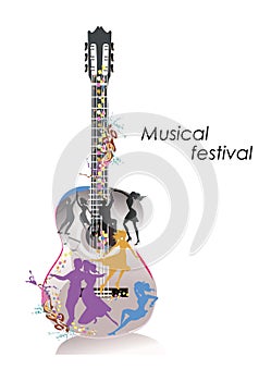 Musical design with an abstract guitar decorated with silhouettes of dancing couple. Hand drawn vector .
