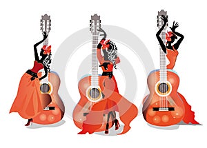 Musical design with a guitar with dancing woman in red.