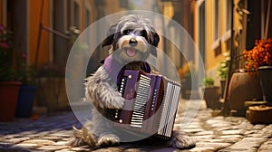 A musical dog with an accordion playing in the street ensemble