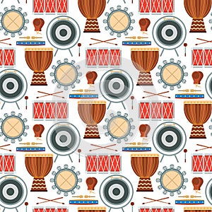 Musical drum wood rhythm music instrument seamless pattern background percussion musician performance vector