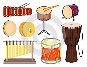 Musical drum wood rhythm music instrument series set of percussion vector illustration