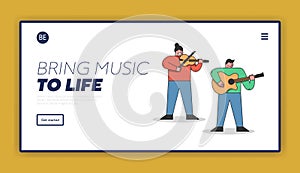 Musical Education Concept. Website Landing Page. Perfomance Of Orchestra. Students Have A Group Music Lesson