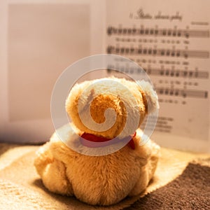 Musical education - teddy bear reading sheet music and singing