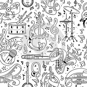 Musical equipment hand drawn outline seamless pattern