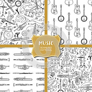 Musical equipment hand drawn outline seamless pattern set