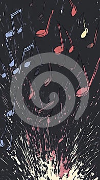 Musical explosion with colorful notes in dynamic burst