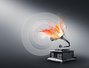 Gramophone exploding with colored powder