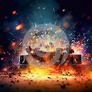 Musical explosion illustration. Scene with musical instruments on fire. ock band music concert.