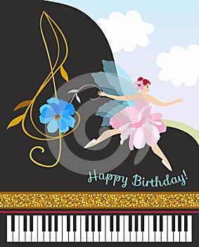 Musical fairy girl in pink tutu with treble clef in shape of cosmos flower and black concert grand piano. Happy birthday card