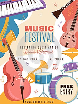 Musical festival poster. Jazz band party invitation, different instruments, strings, percussion and wind. Modern and