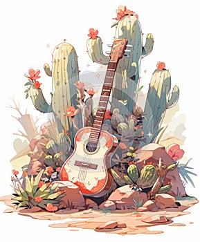 Musical Flora: Immerse Yourself in a Wasteland Chic Scene, Featuring Colorful Cacti in a Broken Wooden Guitar Cactus Pot