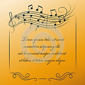 Musical frame with place for text on golden background.