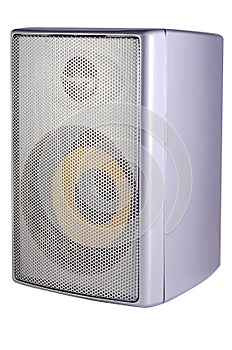 Musical gray speaker on white background