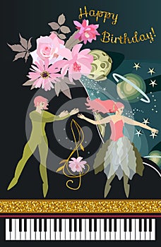 Musical greeting card Happy birthday. Black concert grand piano, ballet dancers, treble clef in shape of cosmos flower