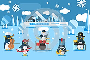 Musical group penguins in suits vector illustration. Animals character play musical instruments in cold, north, snowy