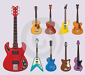 Musical guitar. Live concert instruments sound plays various objects classical guitars vector illustrations