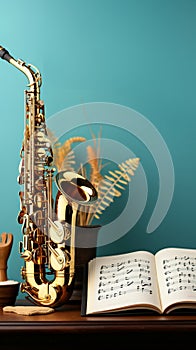 Musical harmony: Golden saxophones and a notebook on a captivating blue background.