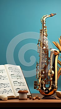 Musical harmony: Golden saxophones and a notebook on a captivating blue background.